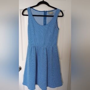 Maeve Anthropologie Caldera Textured Fit & Flare Dress in blue and white polka